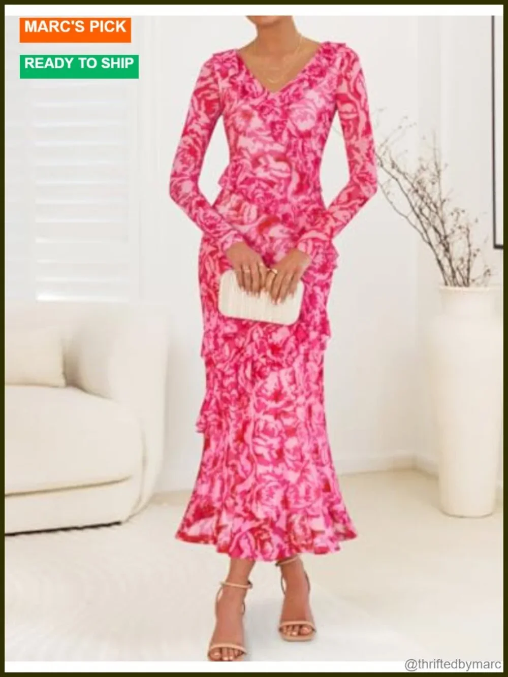 Women's Floral Maxi Dress Long Sleeve V-Neck Bodycon Mermaid Dress